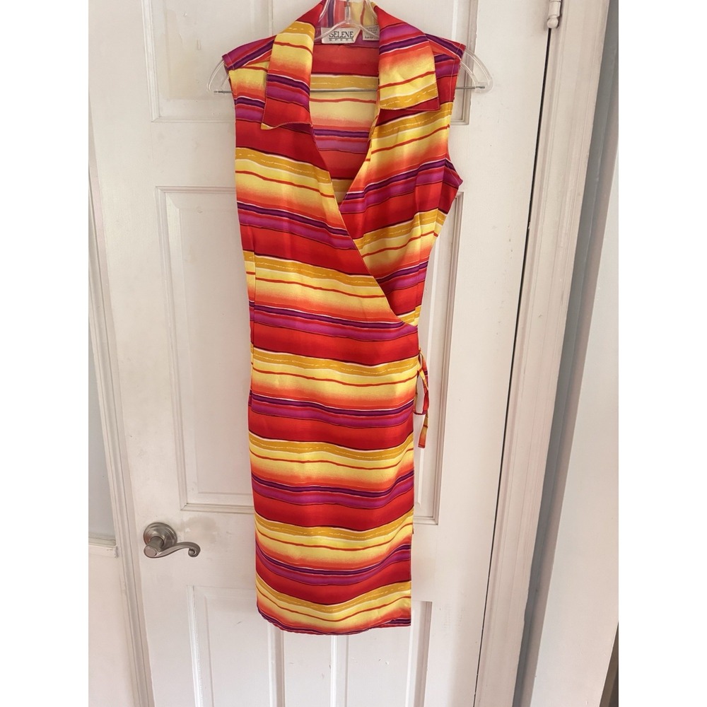 Selene Sport Wrap Dress Womens Medium Bright Striped Retro 90s Y2K Midi‎